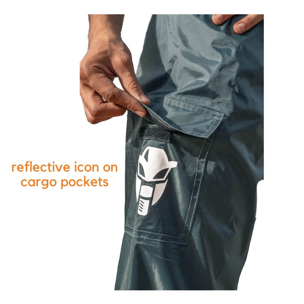 reflective icon on cargo pockets of Hurricane TourPro Rain Overtrousers - Waterproof Pants with Cargo Pockets - Dark Grey