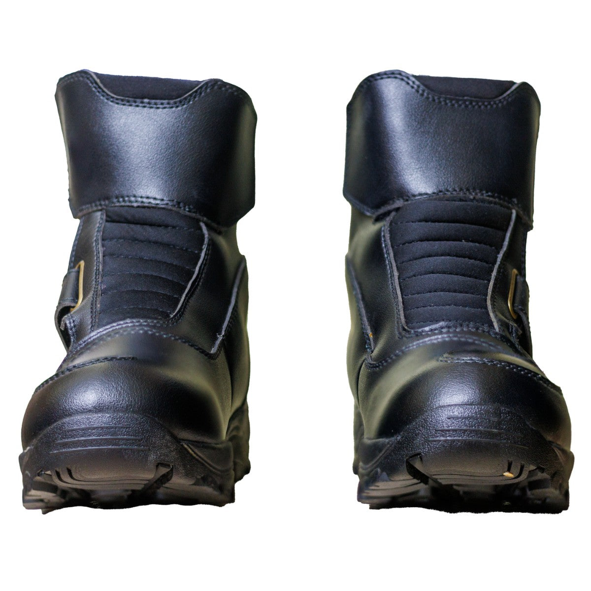 Front view of MotoTech Trailblazer TourPro riding boots, highlighting protective padding and durable build for motorcycle riders' safety.