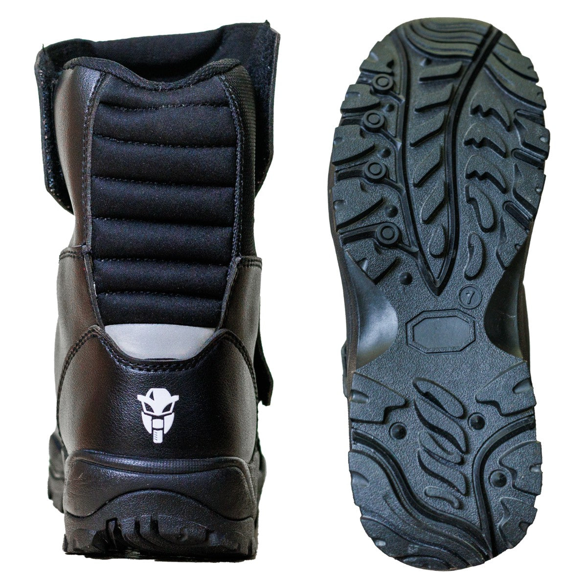 Rear and sole view of MotoTech Trailblazer TourPro riding boots, showcasing rugged tread pattern and reinforced heel for enhanced grip and safety.