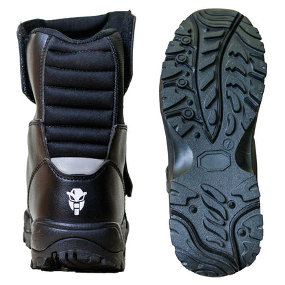 Rear and sole view of MotoTech Trailblazer TourPro riding boots, showcasing rugged tread pattern and reinforced heel for enhanced grip and safety.