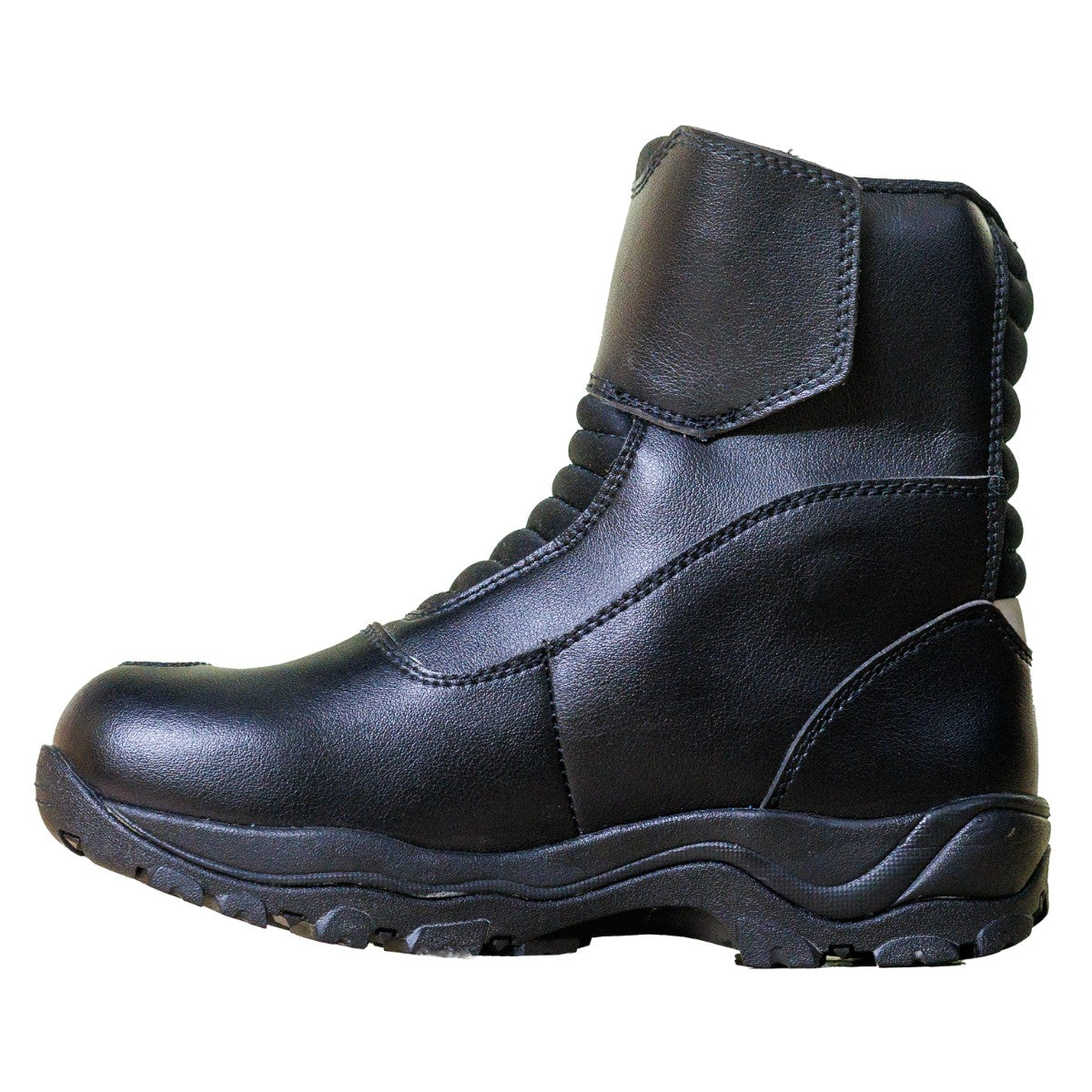 Side profile of MotoTech Trailblazer TourPro riding boot in black, featuring reinforced ankle support and rugged sole for superior grip.