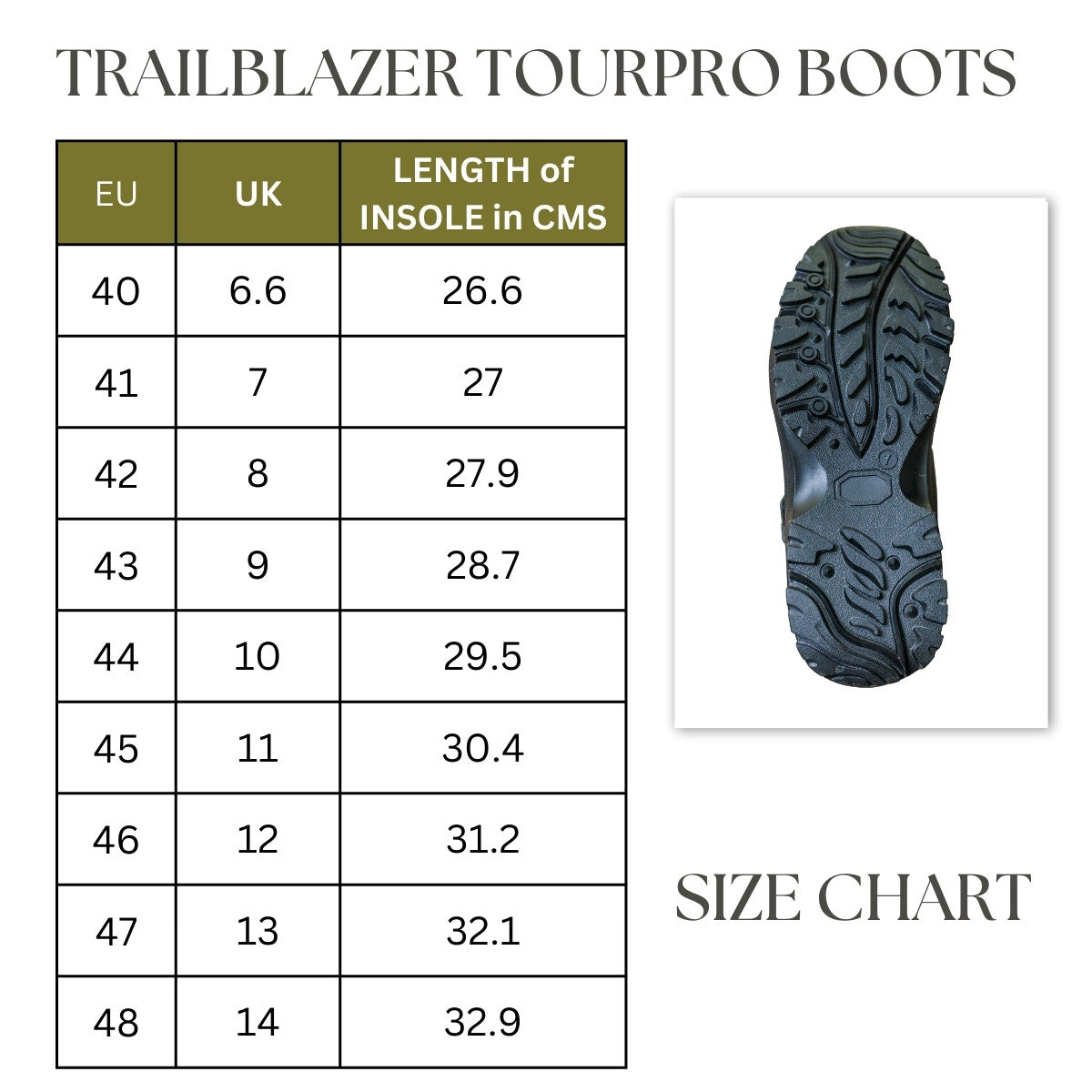 MotoTech Trailblazer TourPro riding boots size chart with EU, UK sizes, and insole length in cm. Ensures perfect fit for motorcycle riders.