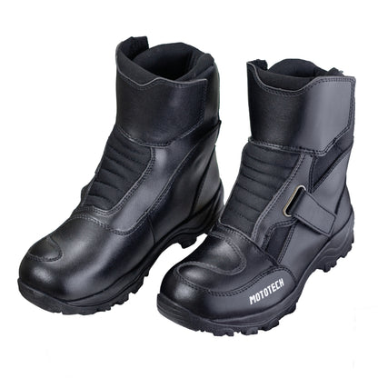 Pair of MotoTech Trailblazer TourPro short riding boots in black, designed for comfort and protection. Perfect for motorcycle riders.