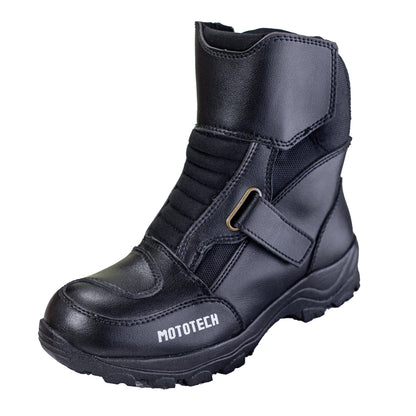 MotoTech Trailblazer TourPro short riding boot in black with durable construction and Velcro strap for secure fit. Ideal for motorcycle touring.